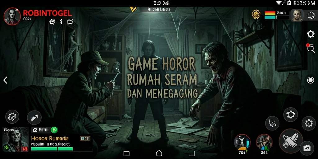 Antarmuka menakutkan yang menggambarkan suasana rumah angker di ROBINTOGEL.
